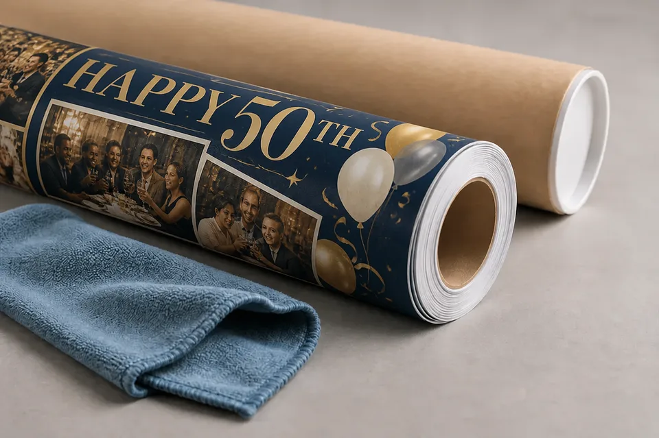 Printed banner rolled for storage beside a soft cleaning cloth and protective tube