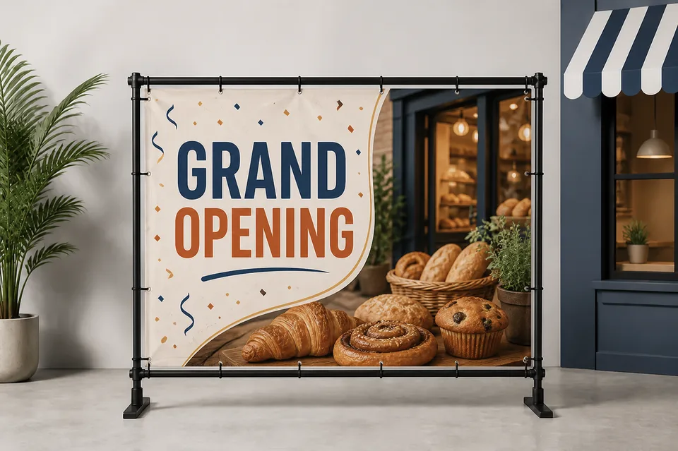 Finished vinyl banner displayed on a professional freestanding frame beside a storefront
