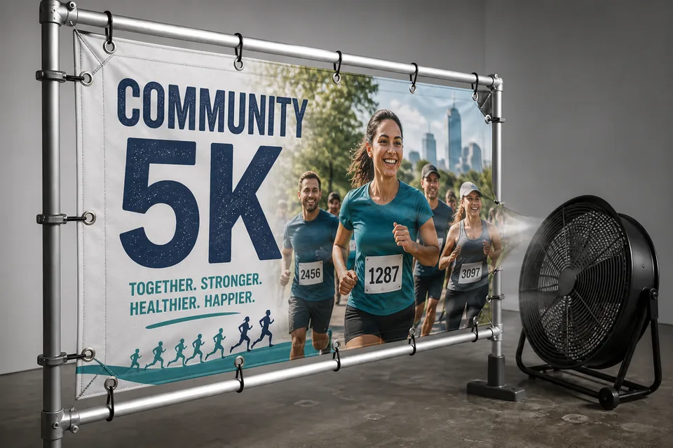 Banner mounted to a test frame during a controlled studio wind-load demonstration