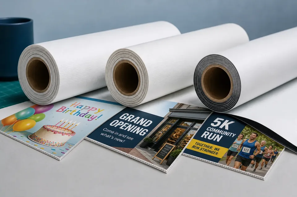 Three studio-lit banner vinyl rolls showing different material weights and a blockout layer