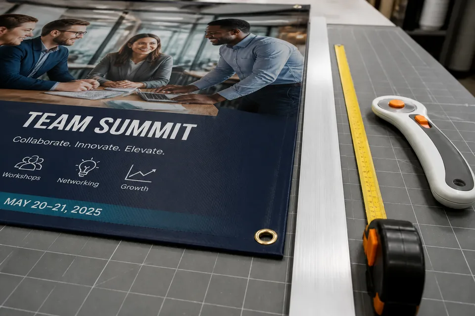 Finished banner measured on a professional production table with precision tools