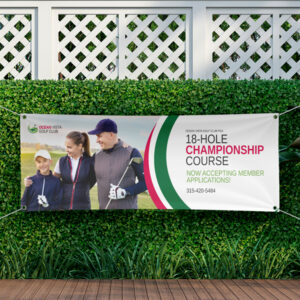 Custom vinyl banner displayed outdoors at a golf course