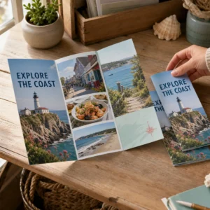 Open printed travel brochure with folded copies on a sunlit wooden table