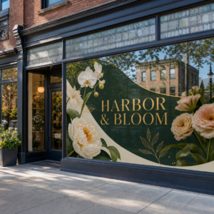 Full-color 3M IJ-35C vinyl graphics installed on a botanical boutique storefront window